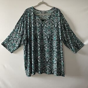 Catherines Tunic Top Scroll Print Teal Black 3/4 Slit Sleeve Women Size 26/28W